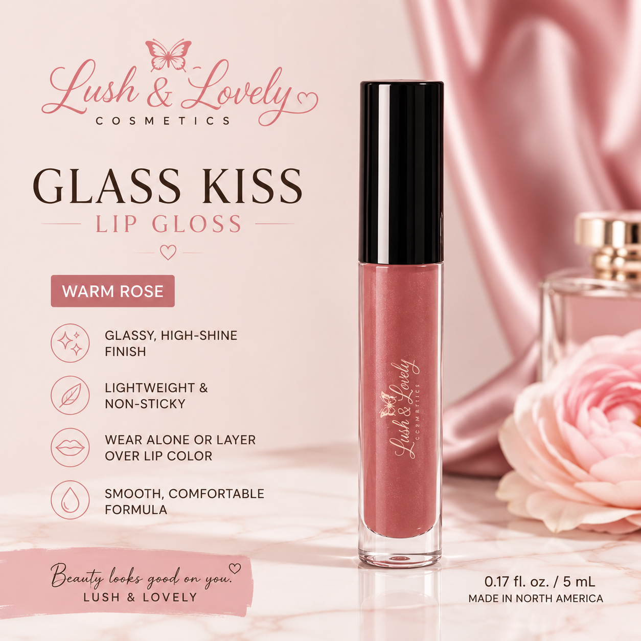 Lush & Lovely Glass Kiss Lip Gloss-Warm Rose✨