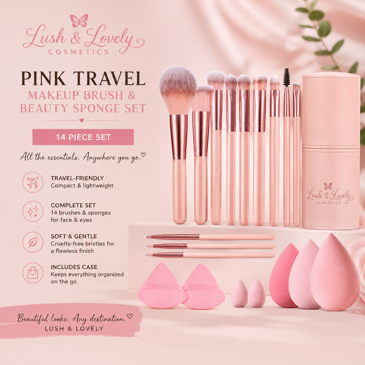 Pink Travel Makeup Brush & Beauty Sponge Set